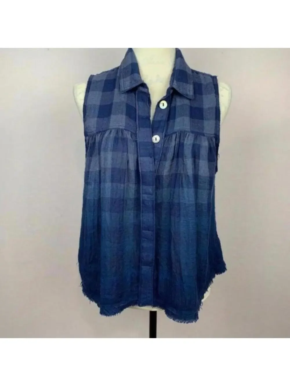NWT Free People Blue Plaid Tank Top Small Ombre Gingham Sleeveless Button Blouse